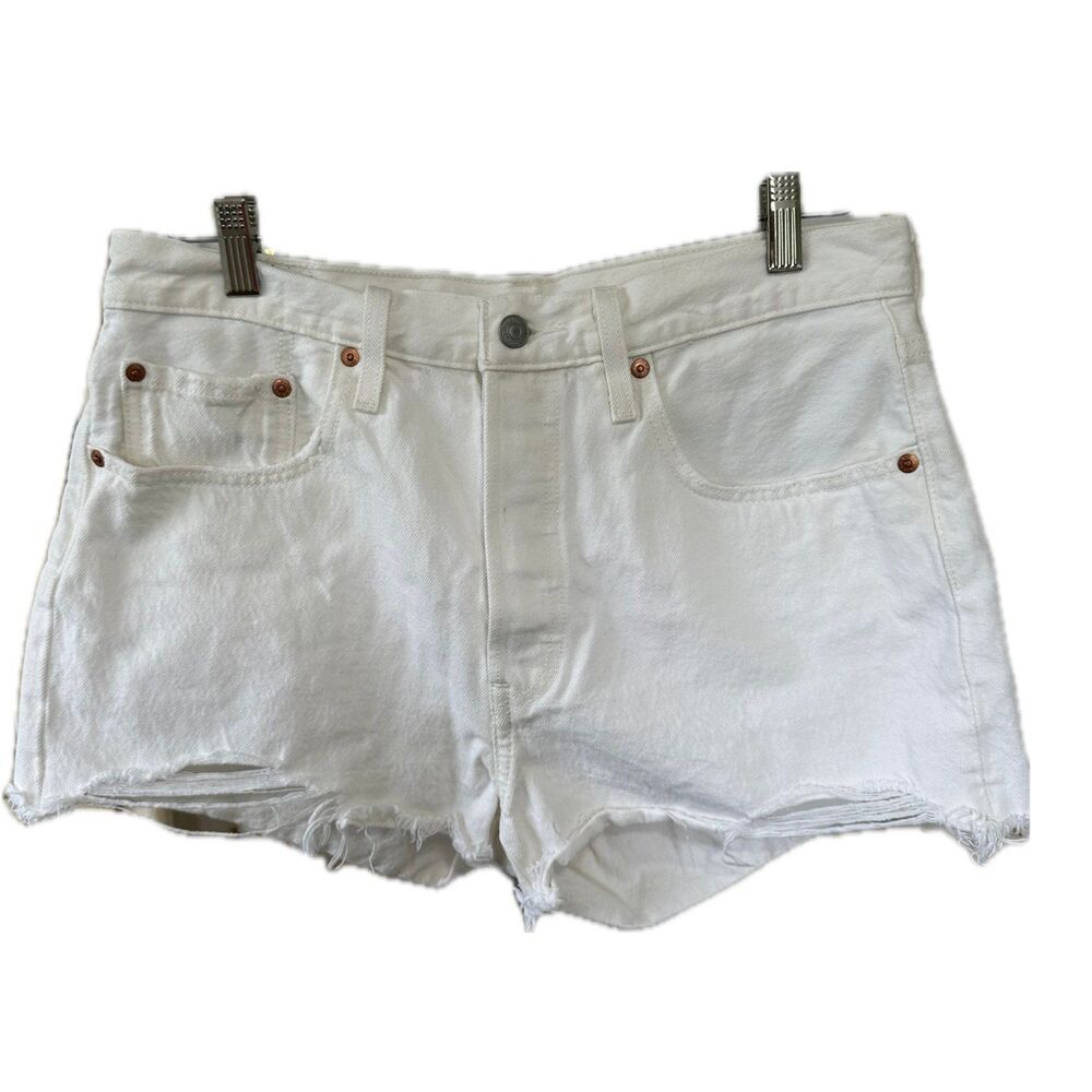 Levi's 501 White Original Denim Button Fly Distressed Raw Hem Denim Shorts 31